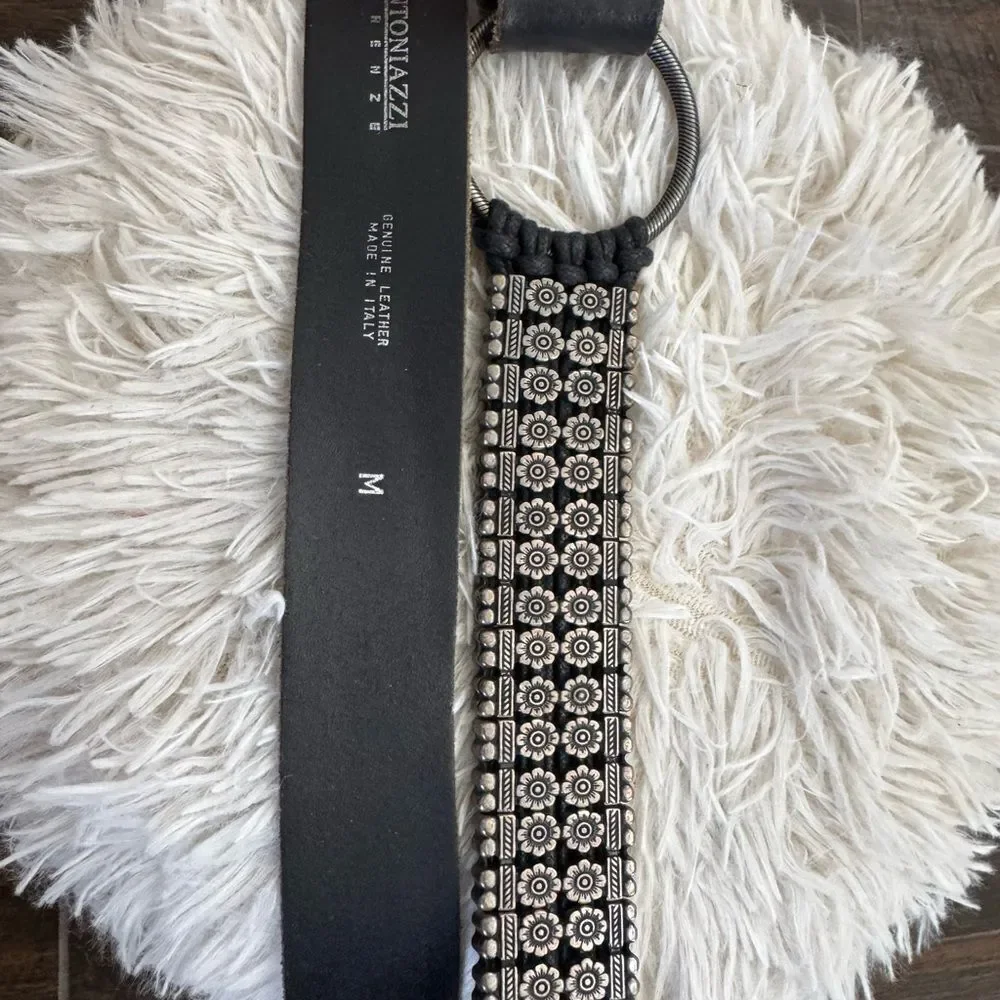 ANTONAZZI Firenze Italian Leather Belt M – Silver Floral Studded, Boho nwot